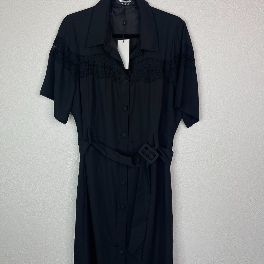 Fashion Union midi button down shirt dress with lace panel and belt - Picture 3 of 7